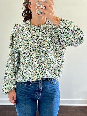 Ann Taylor Floral Long Sleeve Blouse White Purple Green Print Top | Size S